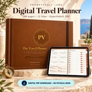 Digital travel planner with a brown leather-style hardcover mockup, iPad index preview and digital PDF download badge.