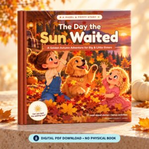 The Day the Sun Waited fall storybook for kids shown as an upright hardcover mockup with golden autumn artwork and a digital PDF label.