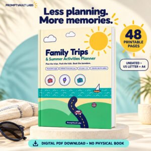 Family vacation planner printable shown as an upright hardcover mockup with 48-page, undated, US Letter and A4 badges.