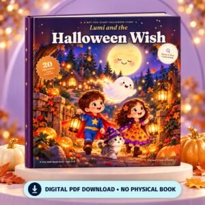 Friendly Ghost Storybook Lumi and the Halloween Wish shown as an upright hardcover mockup with a digital PDF badge.