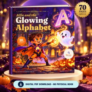 Halloween Alphabet Book cover shown as an upright hardcover mockup with Alfie, a friendly ghost and glowing letter A.