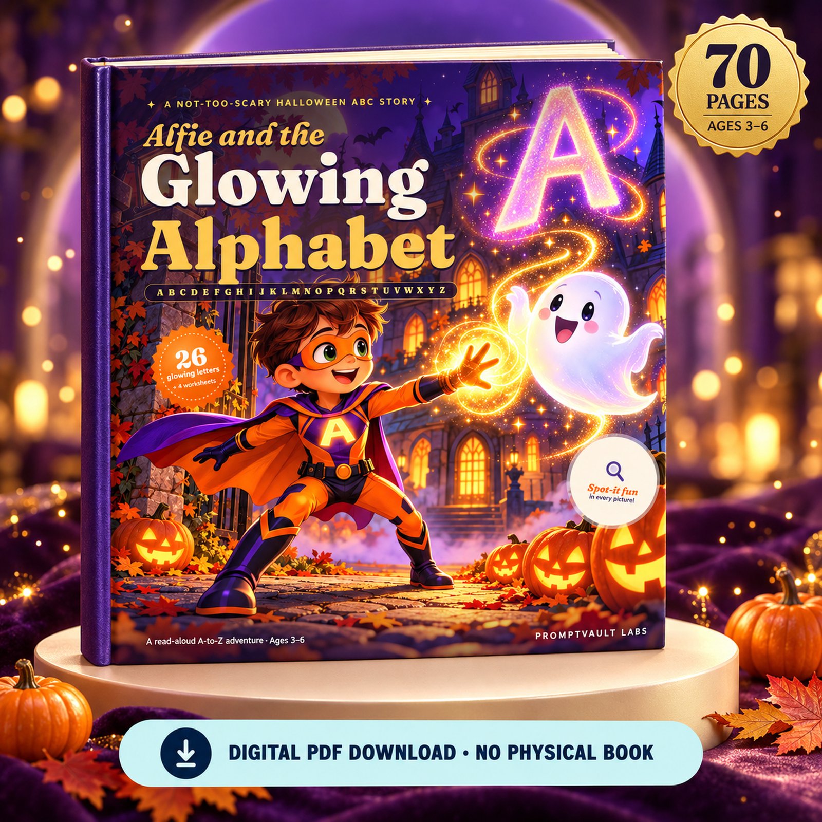Halloween Alphabet Book cover shown as an upright hardcover mockup with Alfie, a friendly ghost and glowing letter A.