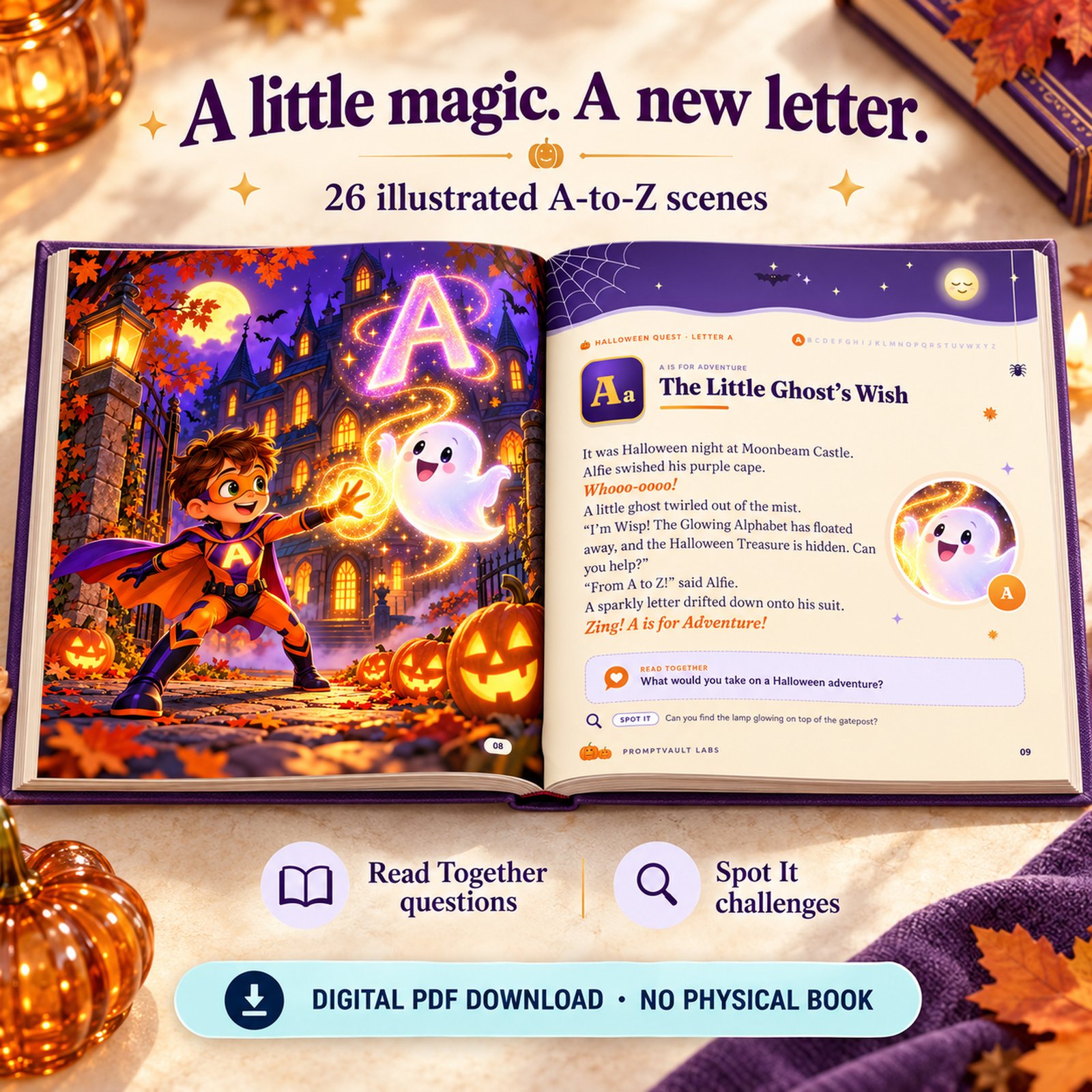 Halloween Alphabet Book open to Alfie and Wisp's letter A adventure, with story text and Read Together prompts.