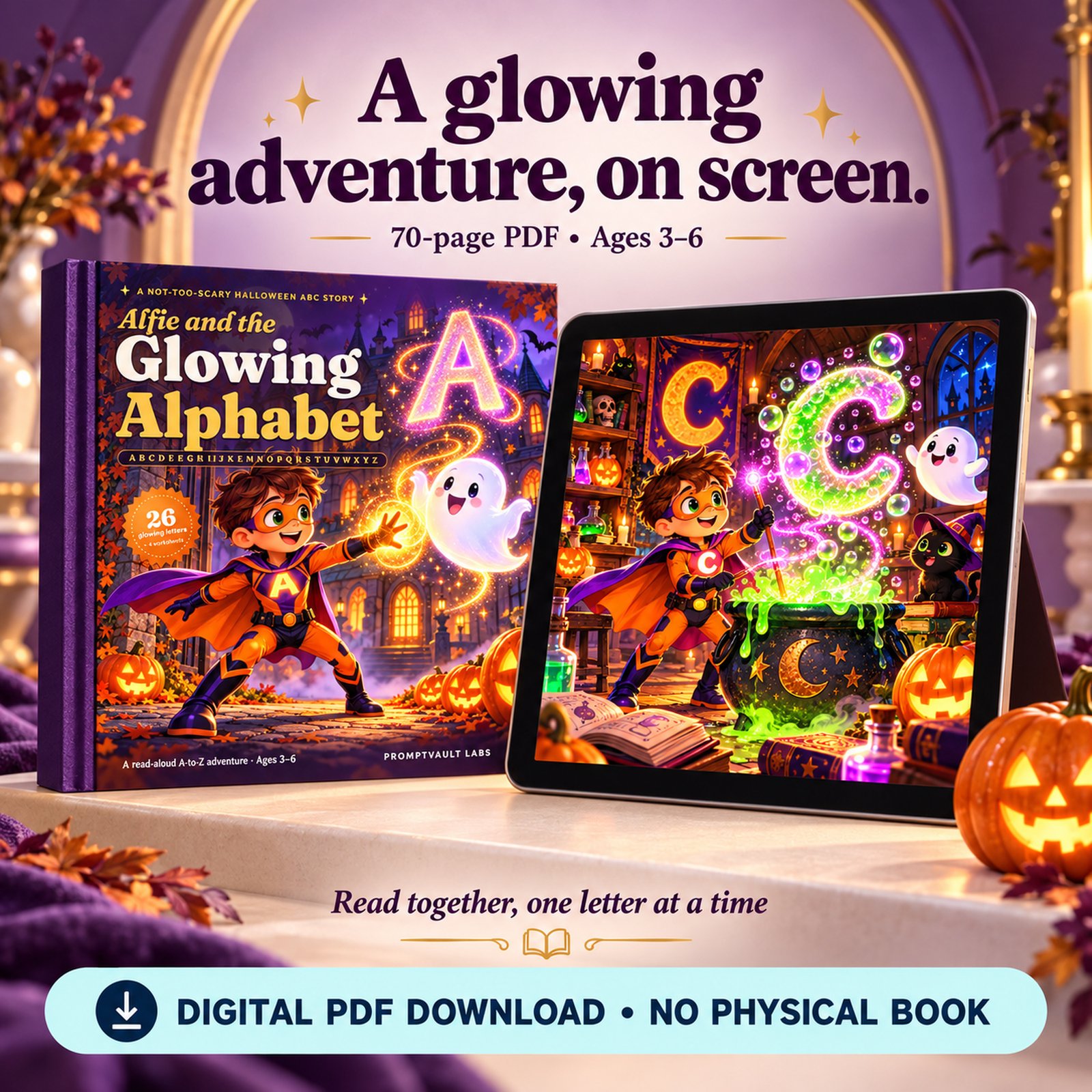 Halloween Alphabet Book displayed beside a tablet showing Alfie, a glowing C, a cauldron and a friendly ghost.