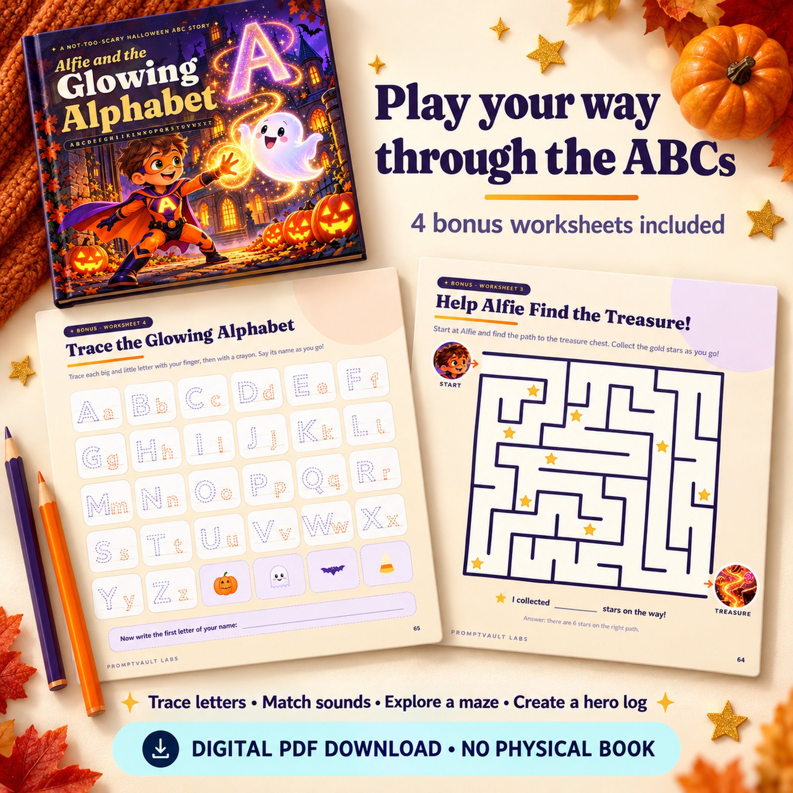 Halloween Alphabet Book mockup with alphabet tracing and treasure-maze worksheets, pencils and autumn decorations.