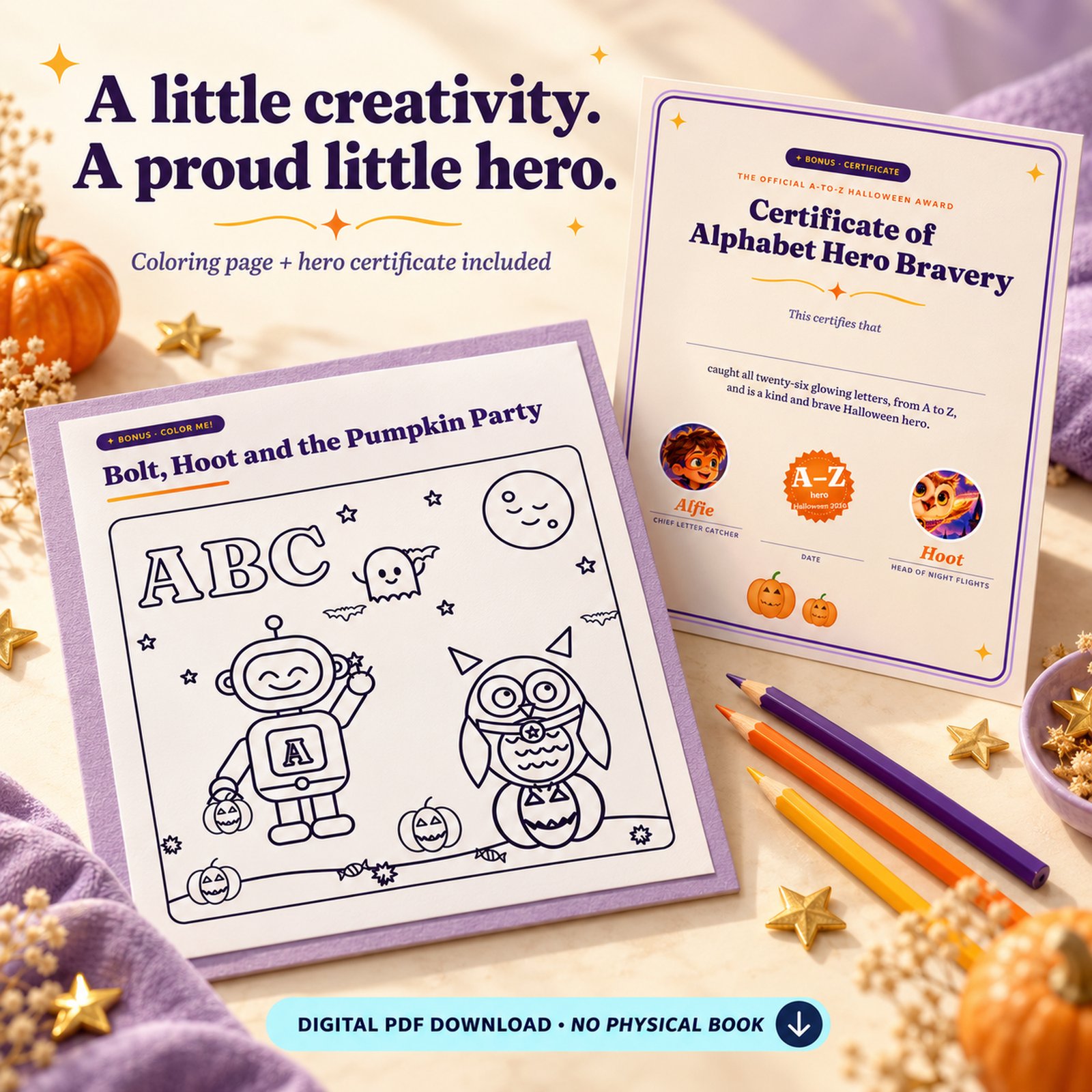 Halloween Alphabet Book bonus coloring page with Bolt and Hoot beside the Alphabet Hero Bravery certificate.