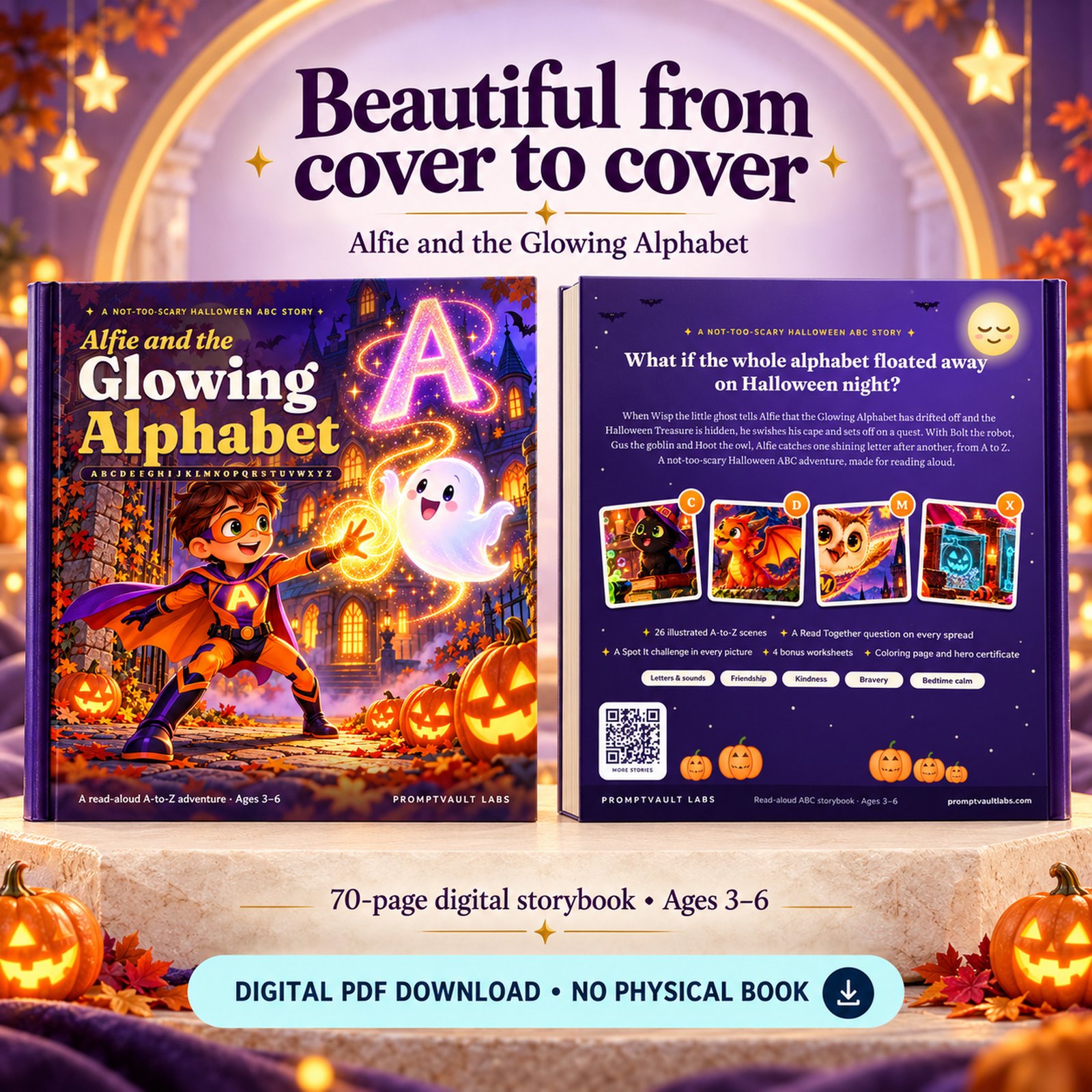 Halloween Alphabet Book front and back covers shown as matching upright hardcover mockups on an ivory display.