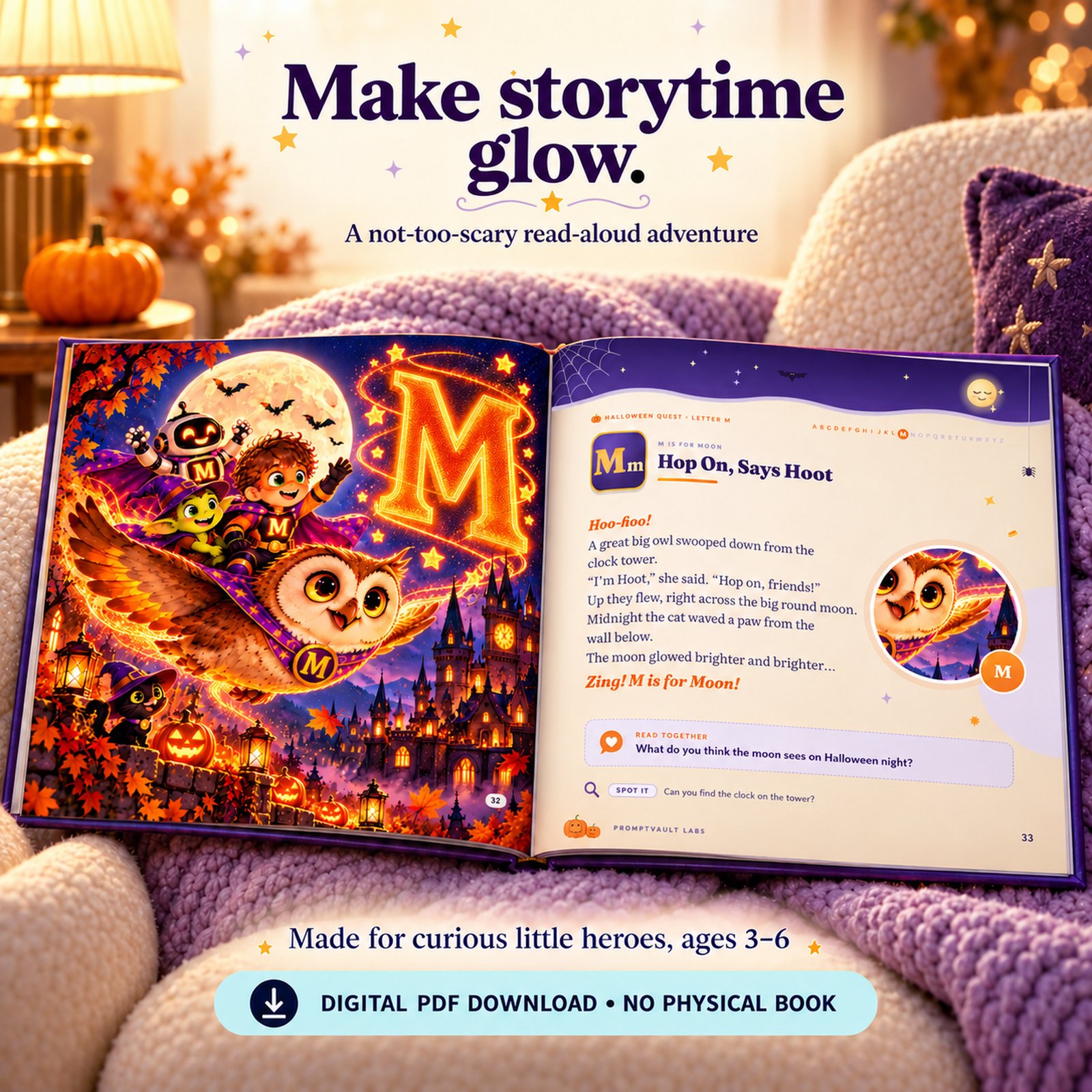 Halloween Alphabet Book open to the glowing M and Hoot the owl story on a lavender blanket in a cozy reading nook.