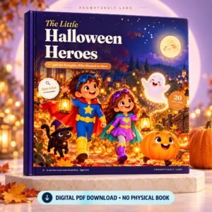Halloween Picture Book for Kids, The Little Halloween Heroes, shown as an upright hardcover mock-up with a digital PDF label.