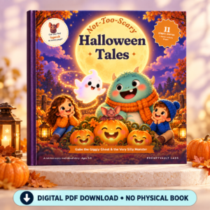 Halloween storybook for kids shown as an upright hardcover mock-up of Not-Too-Scary Halloween Tales, a digital PDF.