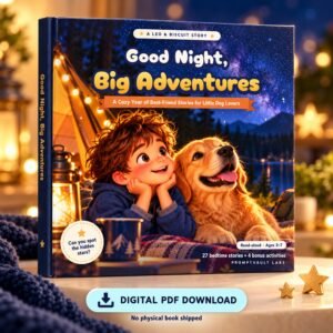 Good Night, Big Adventures bedtime storybook for kids shown as an upright hardcover mockup with a digital PDF badge.