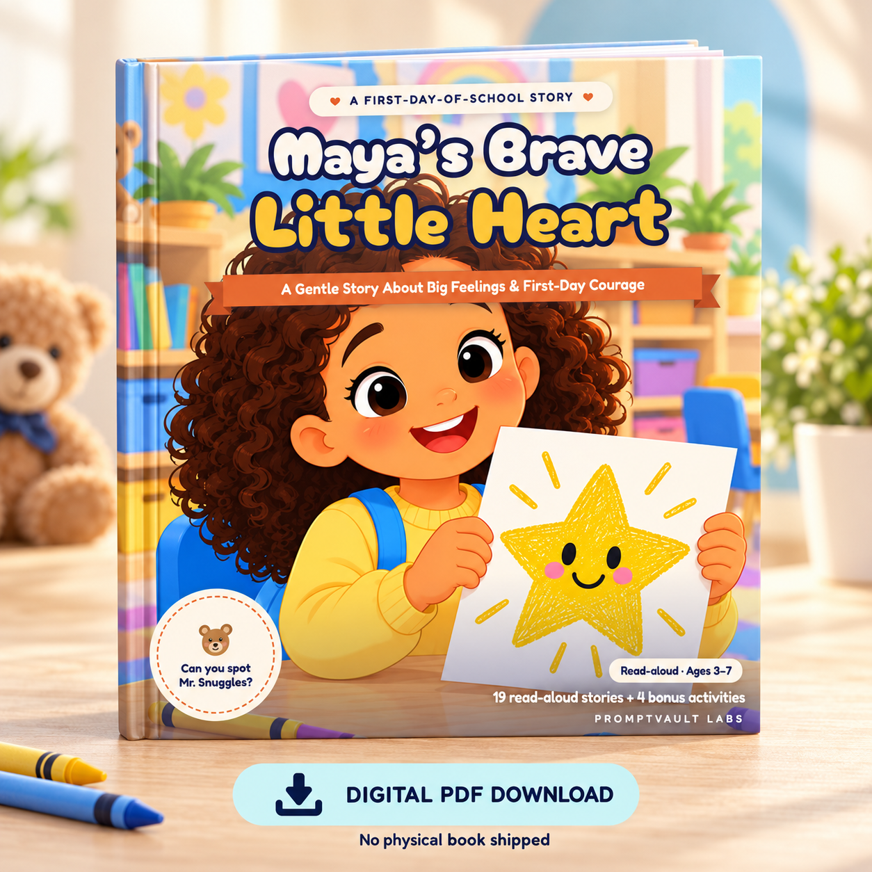Maya’s Brave Little Heart first day of school storybook shown as an upright hardcover mockup with a digital PDF download badge.