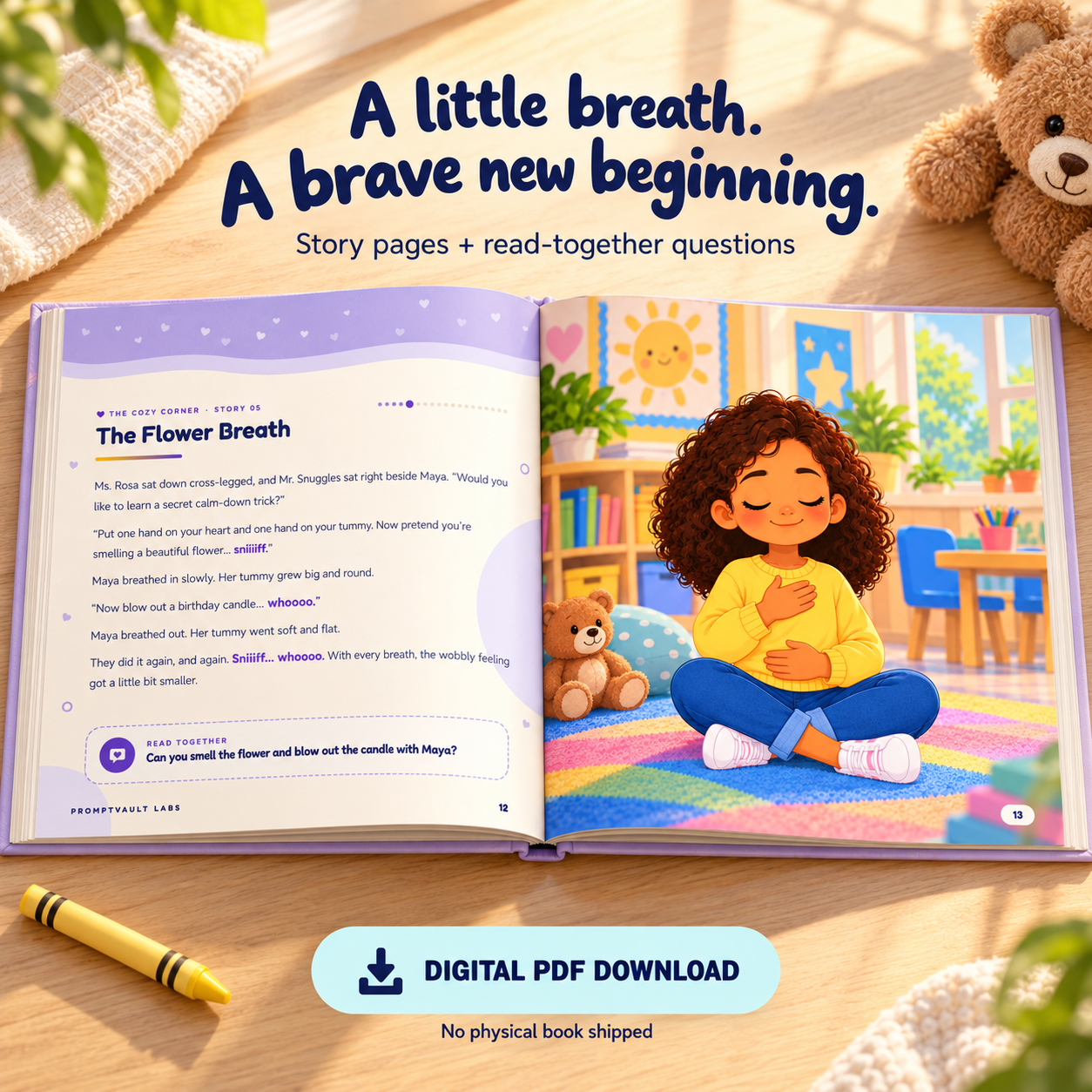 Open first day of school storybook showing The Flower Breath story, a read-together question, and Maya practising calm breathing.