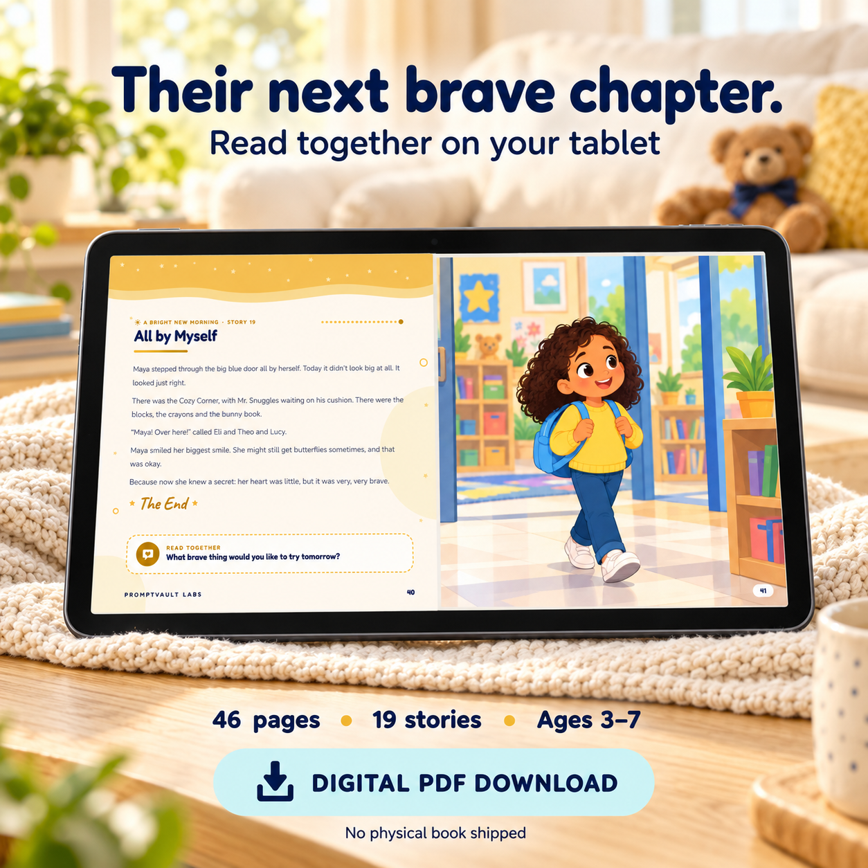 Maya’s first day of school storybook PDF displayed on a tablet, showing the All by Myself story and classroom illustration.