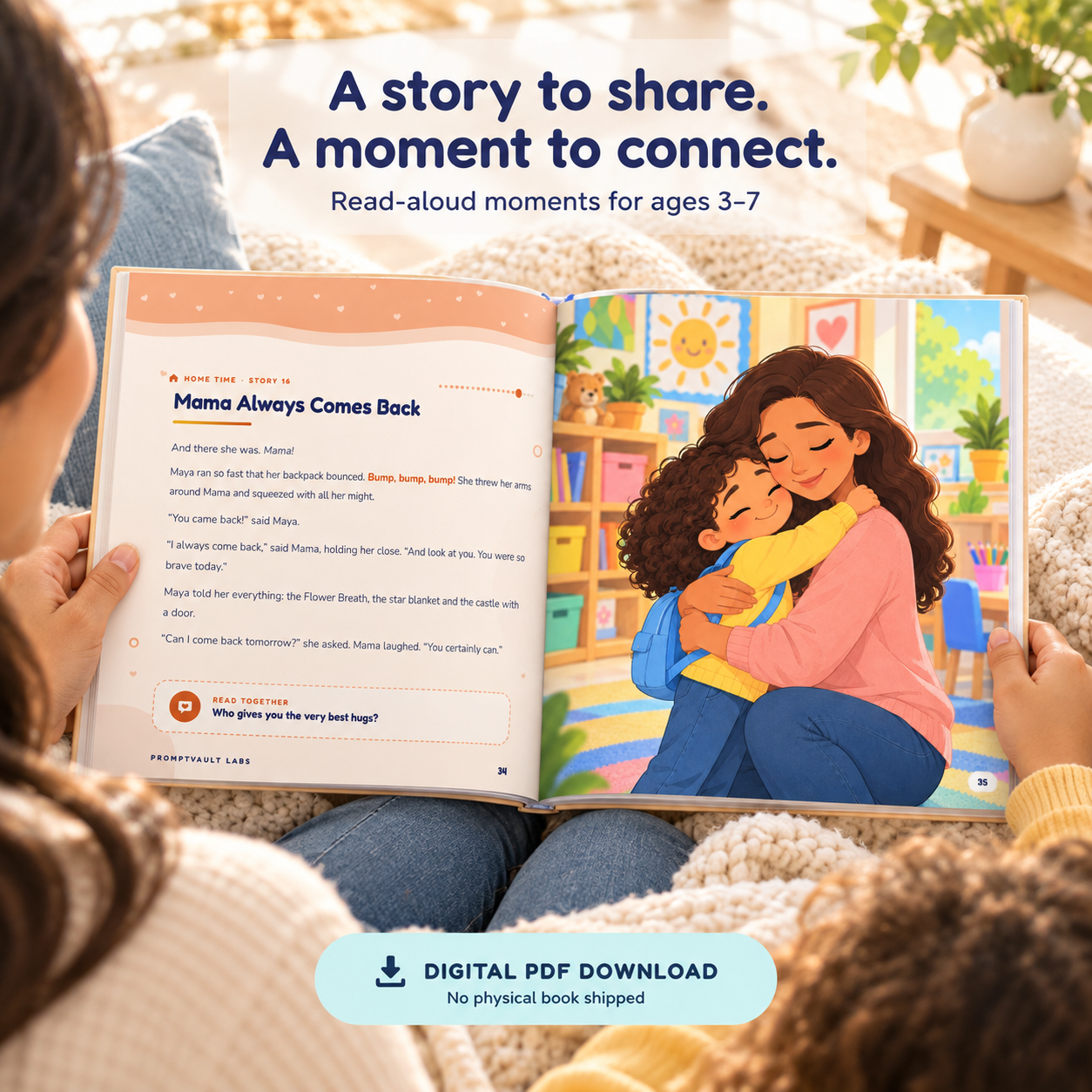 Parent and child sharing Maya’s first day of school storybook, open to Mama Always Comes Back and a warm reunion illustration.