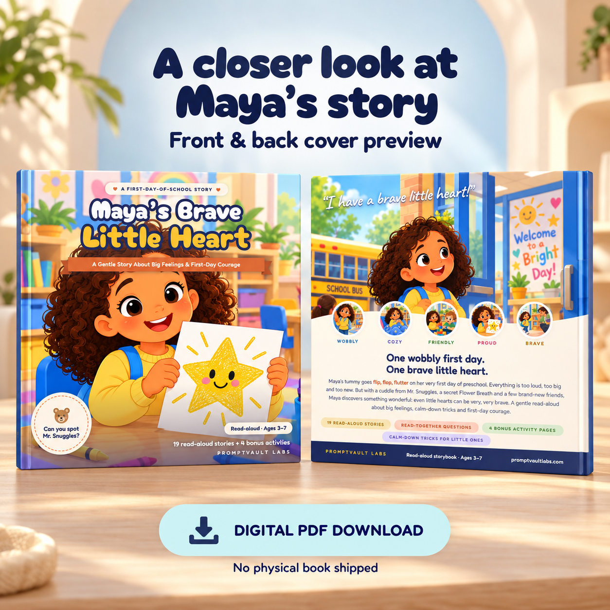 Front and back hardcover mockups of Maya’s Brave Little Heart first day of school storybook with a digital PDF download label.