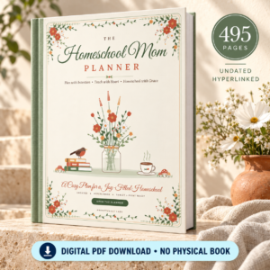 Homeschool Mom Planner floral cover shown as an upright hardcover mockup with a 495-page badge and digital PDF label.