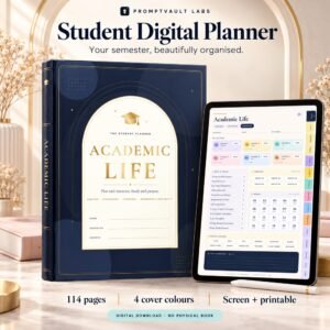 Student Digital Planner shown as a navy Academic Life hardcover beside an iPad displaying the pastel course dashboard.