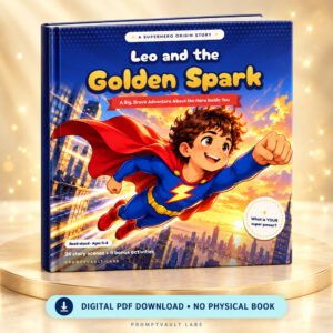 Leo and the Golden Spark superhero storybook for kids shown as an upright hardcover mock-up with a digital PDF label.